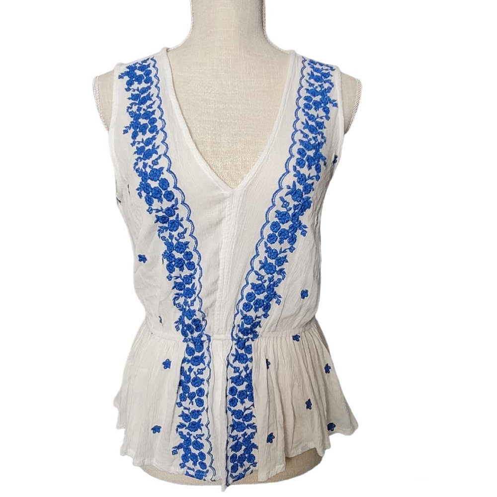 Women's White Sleeveless V neck top with blue embroidery Size S